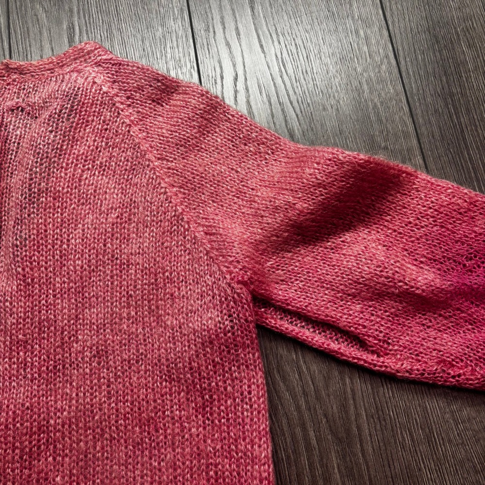 Vintage Pink Mohair Blend Open Knit Cardigan Sweater V-Neck Raglan Pink Marl - Picture 9 of 10